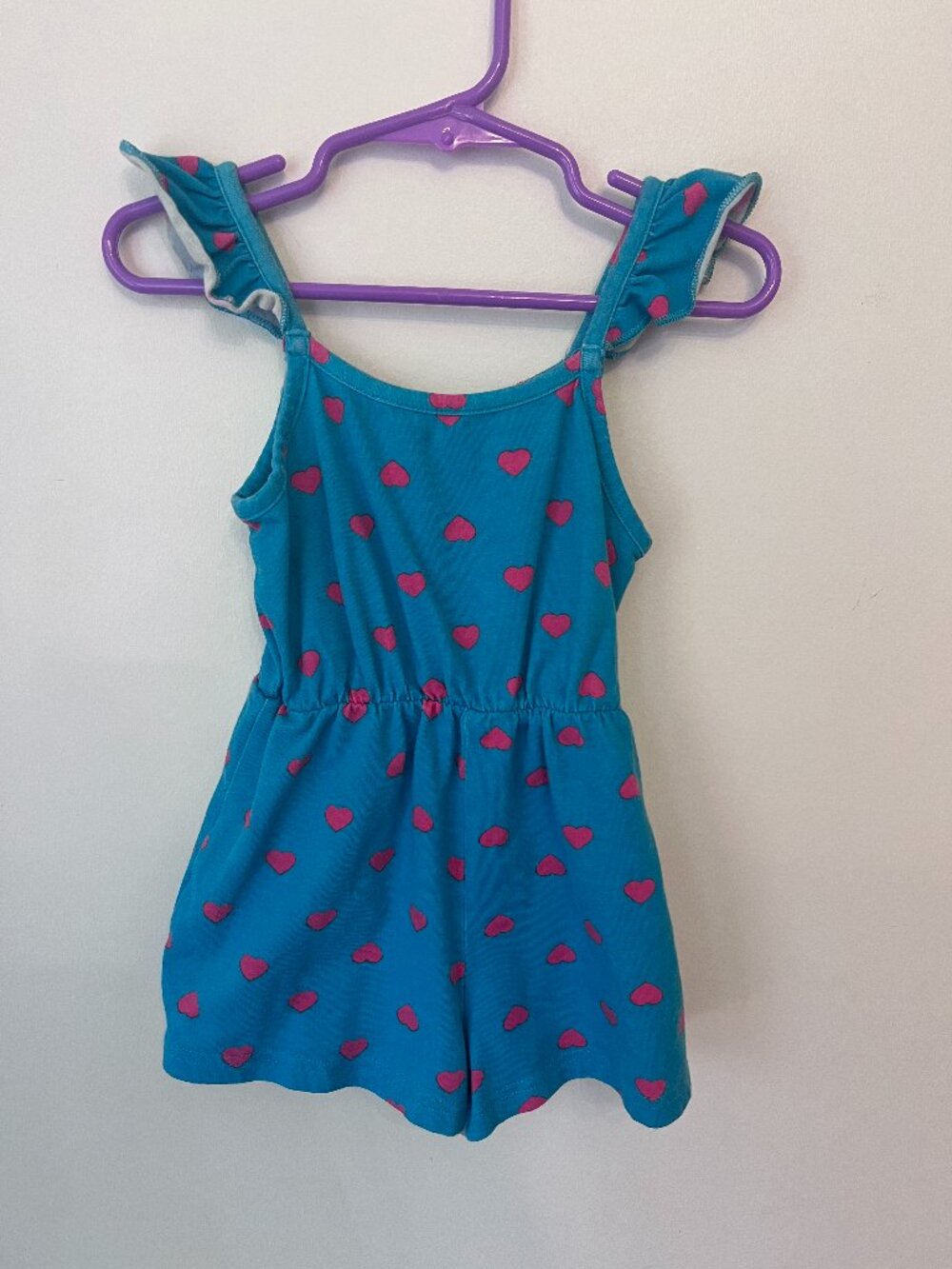 PatPat Girls Teal Blue All-Over Pink Heart Print Romper with Ruffle Straps 3T
